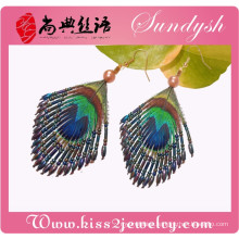 Latest Unique Handmade Peacock Tailer With Colored Beads Feather Statement Earrings